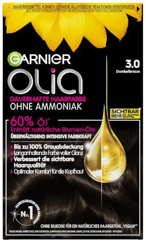 Garnier Olia Dauerhafte Haarfarbe 3.0 Dunkelbraun ohne Ammoniak permanente Coloration bis zu 100% Grauabdeckung langanhaltende strahlende Farbe bis zu 8 Wochen intensiver Glanz 3 x 1 Stück