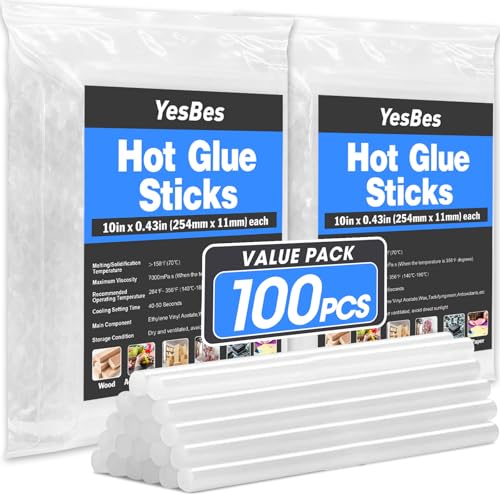 YesBes 100 Pack Hot Glue Sticks, Full Size 10" Long x 0.43" Diameter Glue Sticks, Widely Used in Wood, Metal, Glass, Plastic, Floral, Fabric, Leather, Foam, and More, Clear