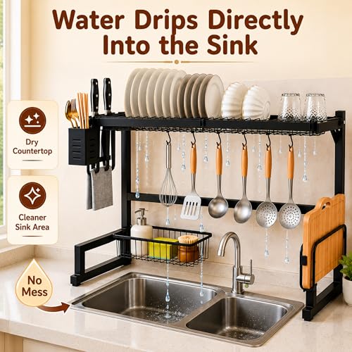 Image of Homero Adjustable Over Sink Dish Drying Rack | Multipurpose Kitchen Sink Organizer with Plate Holder, Cup Stand, Knife Holder & Hooks | Heavy-Duty Rustproof Dish Drainer for Kitchen Counter Storage