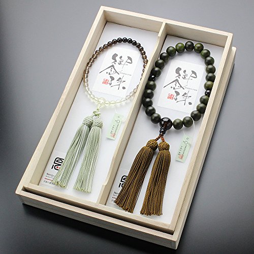 念珠ドットコム ≪ペア数珠≫ 数珠 男性用(22玉 緑檀 茶水晶 正絹房)・数珠 女性用(約7ミリ 茶水晶/トパーズ グラデーション 正絹房)ペアセット【略式数珠 京念珠 京都 天然石 ギフト 葬儀 法事 結婚式 夫婦セット 2000500100239】【