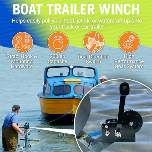 Image of Boat Trailer Winch with Strap and Hook, Manual Hand Crank Winch, Heavy Duty | One or Two Speed Ratchet Gear, for Pulling Boat Parts, Trailers, Car, or Truck Towing