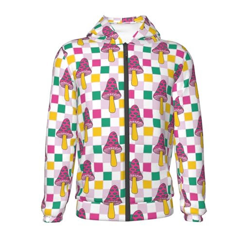 Cute Checkerboard Mushrooms Kids Pullover Hoodies Boys Zip Up Sweatshirts Girls Athletic Clothes with Pocket2