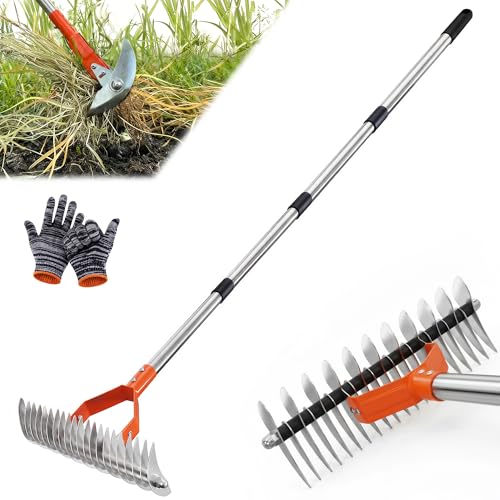 Thatch Rake for Lawn with 68' Adjustable Handle, 14' Dethatching Rakes for Lawns, Dethatcher Rake -...