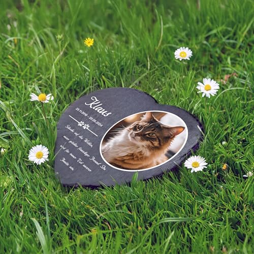 LAUBLUST Personalisierte Herzform Grabplatte mit Name & Foto als Grabschmuck für Hund, Katze & andere Haustiere - Pfoten, 3 Größen | Schieferplatte mit Gravur als Tiergrabstein Deko & Tiere Grabtafel