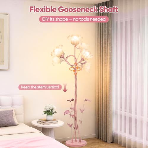 Image of TOBUSA Flower Floor Lamp for Bedroom, 3-Head Whimsical Pink Floor Lamp with Flexible Gooseneck, 67'' Tall Retro Floral Standing Lamp for Living Room, Modern Unique Cute Flower Corner Lamp for Girl
