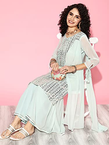 Image of INDO ERA Women's Poly Georgette Striped Embroidered A-line Kurta Sharara With Dupatta Set (22YYY4801 Blue XS To 2XL-Size)