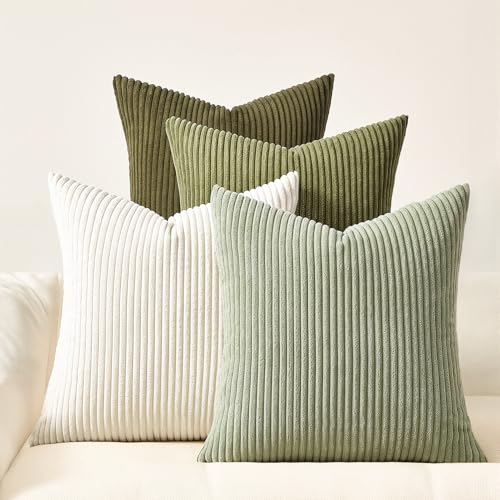 Image of Topfinel 20x20 Pillow Covers Set of 4 Mordern Nordic Green White Throw Pillow Cover Soft Corduroy Cushion Cases Spring Home Decor for Couch Bed Sofa Living Room Forest Green