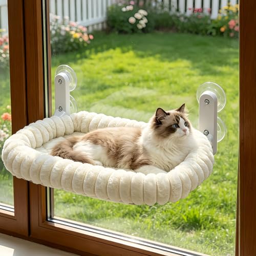 Image of AMOSIJOY Cordless Cat Window Perch, Window Hammock for Cats with 4 Strong Suction Cups, Solid Metal Frame and Cushion Bed Cover, Indoor Cat Bed (L,Stripe)