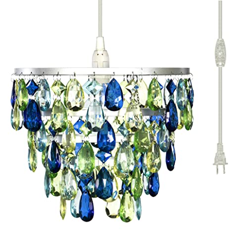 Image of gypsy color The Original Brink House Plug-in 1 Light Blue Green Hanging Dome Chandelier H10 inchxW11.5 inch, Silver Metal Frame with 5 Tiers of Acrylic Crystals
