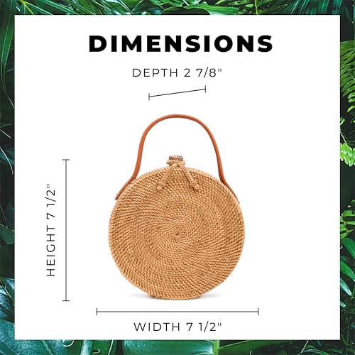 Image of Novum Crafts Round Rattan Bag for Women - Handmade Ata Wicker Woven Purse - Circle, Square, Oval Brown Straw Boho Bags