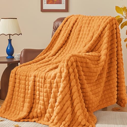 BEDELITE Updated Burnt Orange Throw Blanket for Couch and Bed- Super Soft and Warm 3D Checkered Fluffy Fuzzy Fleece Blanket, Luxurious Plush Cozy Blanket for Room Decor Spring, 50x60 inches