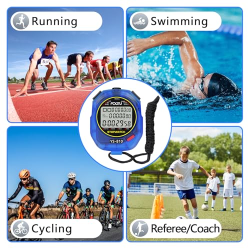 Image of Sports Stopwatch Timer, 10 Lap /Split Memory Digital Stopwatch Countdown Timer with 12 /24 Hour Clock Alarm On /Off, Calendar 3-Row Extra Large Screen Lanyard for P.E Coach and Referees (Blue)