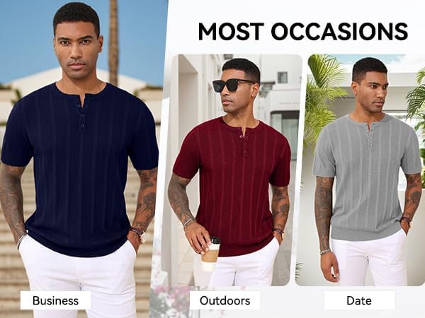 YTD Mens Tees Short Sleeve Crewneck Henley Shirts Knitted Textured Shirt Solid T-Shirts Summer Top - Image 6