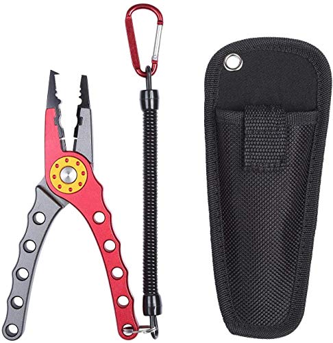 Entsport Saltwater Fishing Pliers with Aluminum Handles and Stainless Steel Jaws Multi Function Fishing Pliers with Sheath Lanyard Braided Fishing Line Cutters Fish Hook Removal Tool (Red&Silver)