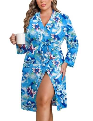 Image of Ekouaer Women Plus Size Robe Knee Length Lightweight Bathrobe Short Kimono Robes with Pockets Maternity Robe