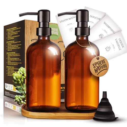 Flacon Pompe Vide Verre 500ml Ambre Vintage | Lot de 2 + Entonnoir + Plateau Bois + 4 etiquettes |...