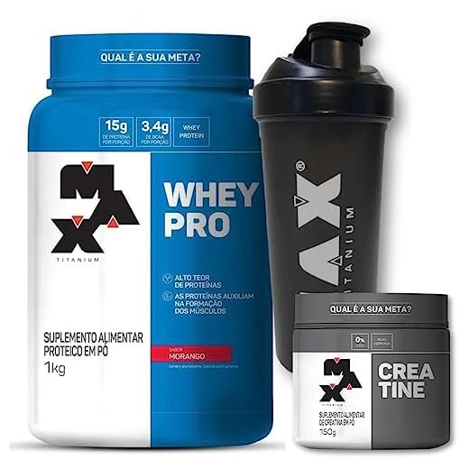 Combo Whey Pro 1kg Morango + Creatina 150g + Coqueteleira Max Titanium…