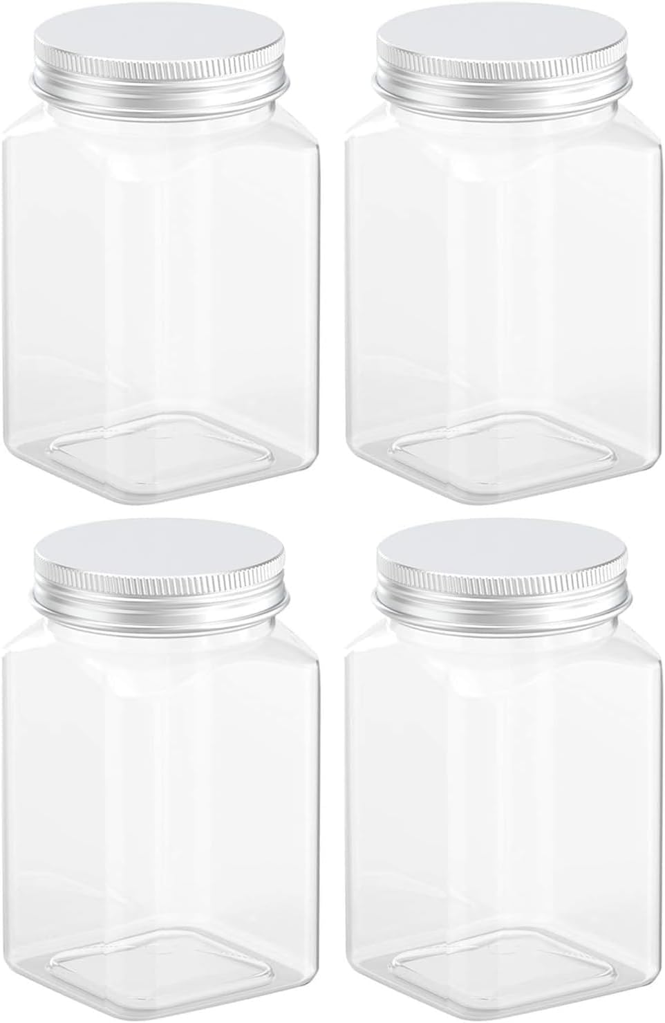 Kitchen Jars, 800ml Clear Plastic Jars with Silver Ribbed Lids, Pack of 4- Rectangular Cylinder Containers for Food Storage, Craft Supplies, Beauty Products, Pantry Organizer, DIY Projects