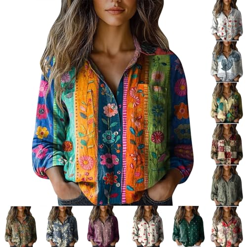 Boho Womens Clothing Summer Fall Boho Tops for Women Plus Size Button Down Long Sleeve Shirts Bohemian Chic Work Outfits Beach Vacation Clothes Vintage Blouse Floral Print Womens