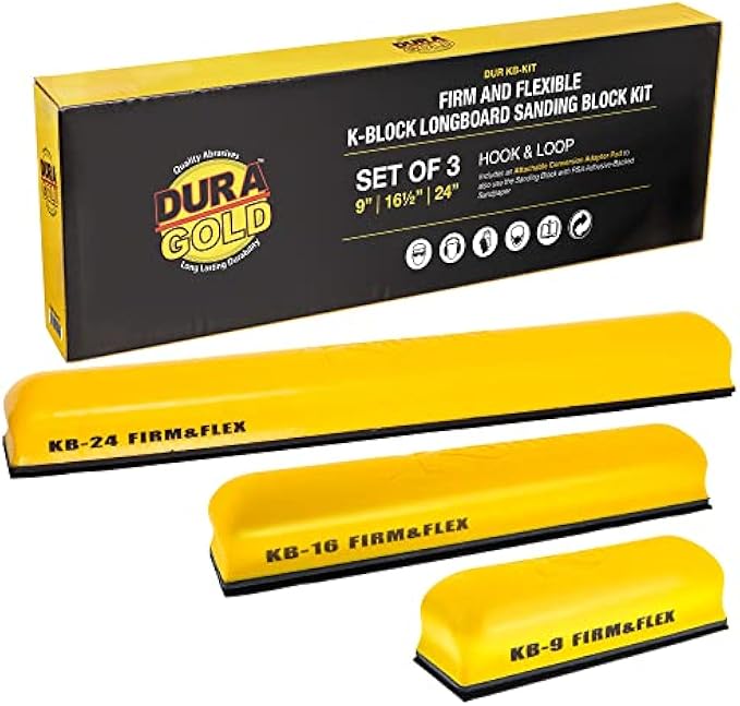 Dura-Gold Pro Series K-Block Sander Firm & Flex Hand Sanding Block Kit, 9", 16" and 24" with Hook & Loop Backing and PSA Sandpaper Conversion Adapter Pad, Automotive Marine Paint Prep Sand Woodworking