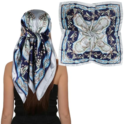 EXTREE Women's 35 inch Fashion Headscarf Silk Satin Scarf for Hair Wrapping at Night Bandana Square Scarf for Sleeping Classic Blue