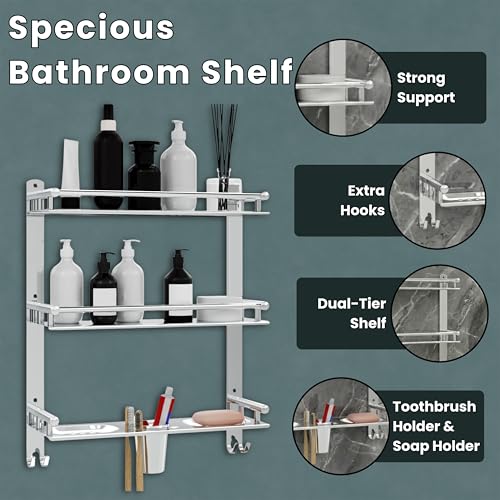 Image of GLOXY Premium 3 Layer Bathroom Shelves Rack - Wall Mount Chrome Finish Stainless Steel Bathroom Shelf with Soap Dish, Toothbrush Holder & Multipurpose Hooks - 4in1 Bathroom Fittings Accessories Set