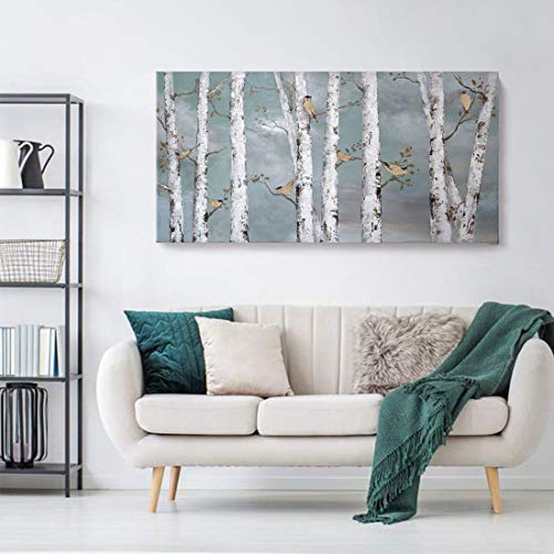 Image of Ejart Large Tree Wall Art Hand-Painted Landscape Forest Oil Painting Gallery Wrapped Framed Canvas Bird Birch Artwork 'White Birch at Night' for Living Room Bedroom Office Decor Teal White 48 inchx24 inch