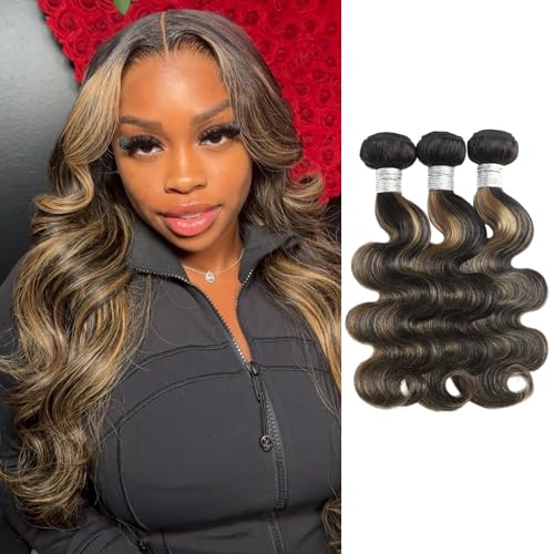 ALHER Blonde Highlight Bundles Body Wave 18/20/22 Inch 12A #1B/27 Black with Blonde Ombre Colored Bundle Human Hair 100% Unprocessed Virgin Remy Hair Soft Thick Sew In Double Weft for Women 300g 3pcs