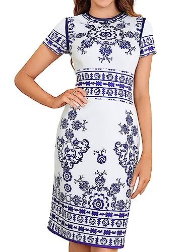 Floerns Women's Porcelain Print Work Sheath Business Pencil Dress