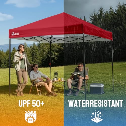 Image of CROWN SHADES 8x8 Pop Up Canopy - Patented Center Lock One Push Instant Outdoor Canopy Beach Tent with STO-N-Go Bag 8 Stakes & 4 Sand Bags,Red