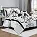 Chezmoi Collection Nobility 7-Piece White/Black Flocked Floral Comforter Set, Full