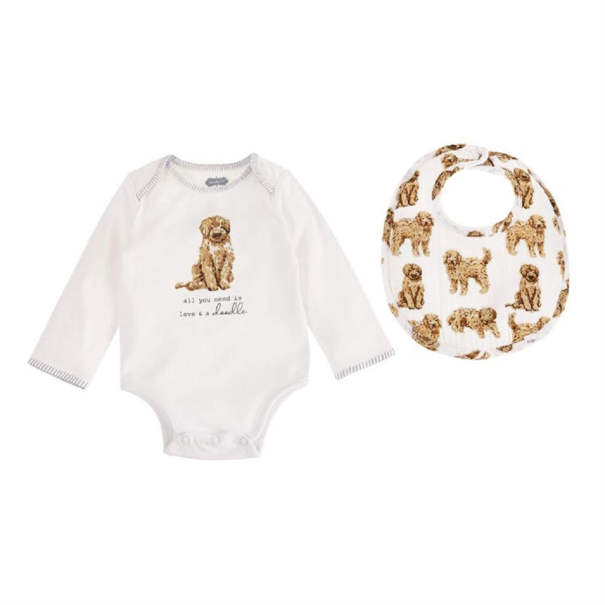 Mud Pie Dog Print Baby Crawler and Bib 2-Piece, Doodle, 0-6 Month