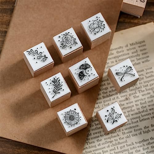 VOANZO 16 Pc Wooden Rubber Stamp Set - Decorative Combining Plants & Stars for DIY Crafts & Card Making, 20mm x 20mm - Image 3