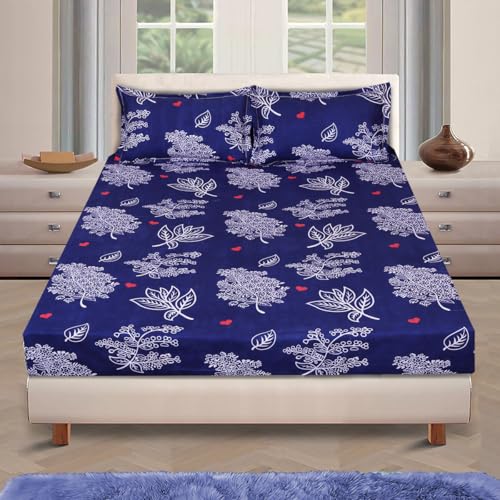 Image of ROMEE Elegant Floral Printed Glace Cotton Double Bedsheet, 144 TC Soft Feel, Queen Size (90 x 100 Inches), with 2 Pillow Covers, Navy Blue