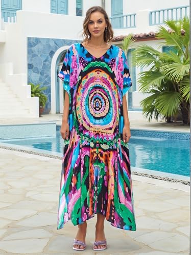 Image of IMAGEKOPE Kaftan Dresses for Women Plus Size Bathing Suit Cover up Vneck Batwing Dress Loose fit Moroccan Caftan mumu Dresses