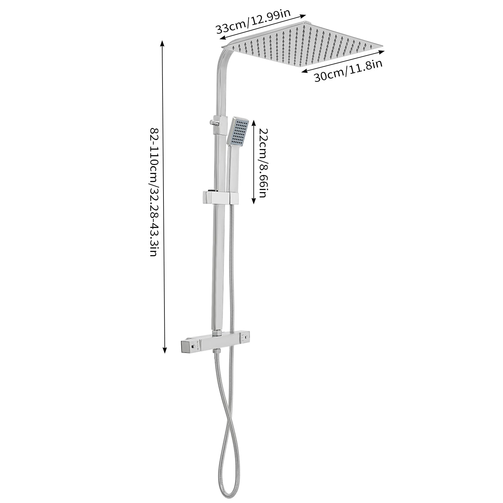 Sistema de ducha de 38 °C, grifo termostático, barra ajustable, 820 – 1220 mm, barra ajustable, ducha, grifo de ducha cuadrado de acero inoxidable