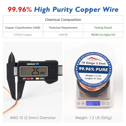 Image of Copper Wire 99.96% Pure - 10 Gauge 2.5mm - 41 Feet, 1.2 Pound Spool - Soft Round Copper Wire Craft Wire for Gardening, Electroculture, Jewelry Making, Beading, Ground Wire & DIY (10 Gauge, 1.2 LB)