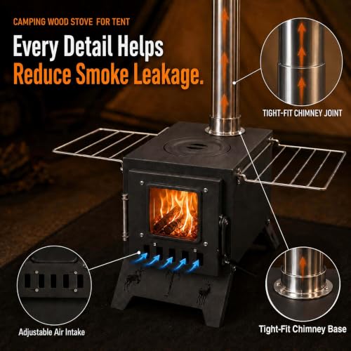 Camping Wood Stove, Hot Tent Stove with 5-Piece Chimney, Smoke-Control - Image 3