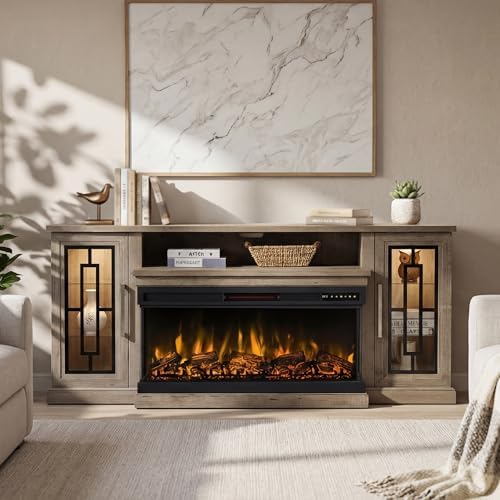 75 Inch Electric Fireplace TV Stand, 3- Side Glass LED Modern Media Entertainment Center Console Table for TVs up to 80/85 Inch w/Adjustable Flame, 40’’ Fireplace, Highboy, Gray Wash