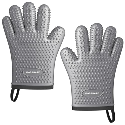 MAD SHARK Oven Mitts Silicone Oven Gloves 450 Degrees Heat Resistant and Waterproof, Kitchen Oven Gloves with Soft Cotton Lining, Oven Mitts for Woman Cooking Baking Barbecue (Grey)
