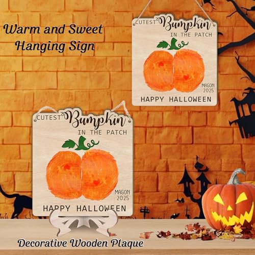 Image of Cutest Little Pumpkin in the Patch Wood Sign, Baby's First Halloween Keepsake Craft, My First Halloween DIY Baby Bum Pumpkin Art Kit, Stand & Hanging Rope, Fall Baby Gift, Decor Photo Prop Milestones