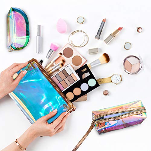 Weewooday 3 Pieces Iridescent Makeup Bag Holographic Bag Cosmetic Toiletries Bag Portable Waterproof Travel Pouch Iridescent Holographic Makeup Organizer for Women2