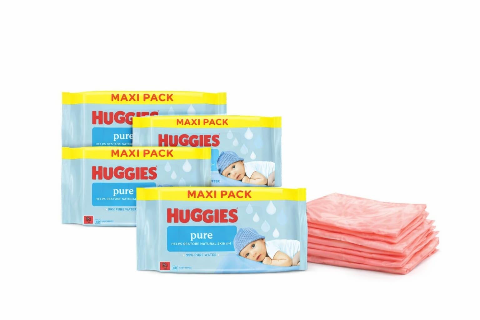 Omoge Baby Changing Essentials Kit with Huggies Pure Water Wipes (4×60) & 150 Scented Nappy Bags | Newborn Sensitive Wipes | Gentle & Fragrance‑Free Baby Wipes
