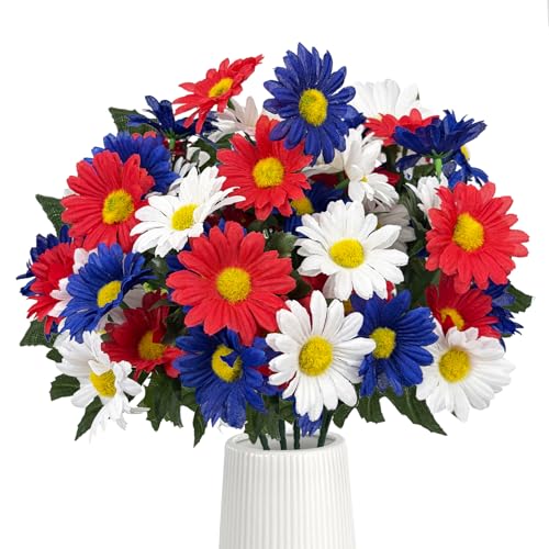 Image of 4 Bunches Memorial Day Flowers for Cemetery 15 inch Red White and Blue Artificial Flowers Faux Daisies Silk Flowers for 4th of July Table Decorations Indoor Outdoor