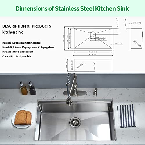 Ecochannels Undermount Kitchen Sink, 32 X 19 Inch Sink Kitchen 16 Gauge Stainless Steel Kitchen Sinks Single Bowl Workstation Sink With Cutting Board #TOP5