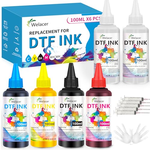 Welacer DTF Ink for ET-8550, ET-2850 L1800, R1390, I3200, XP600, XP-15000, DX5 DX7, TX800, L800, 1430, P400, 6x100ml Heat Transfer Ink Conversion Kit Refill for All DTF Printers,for DTF Film