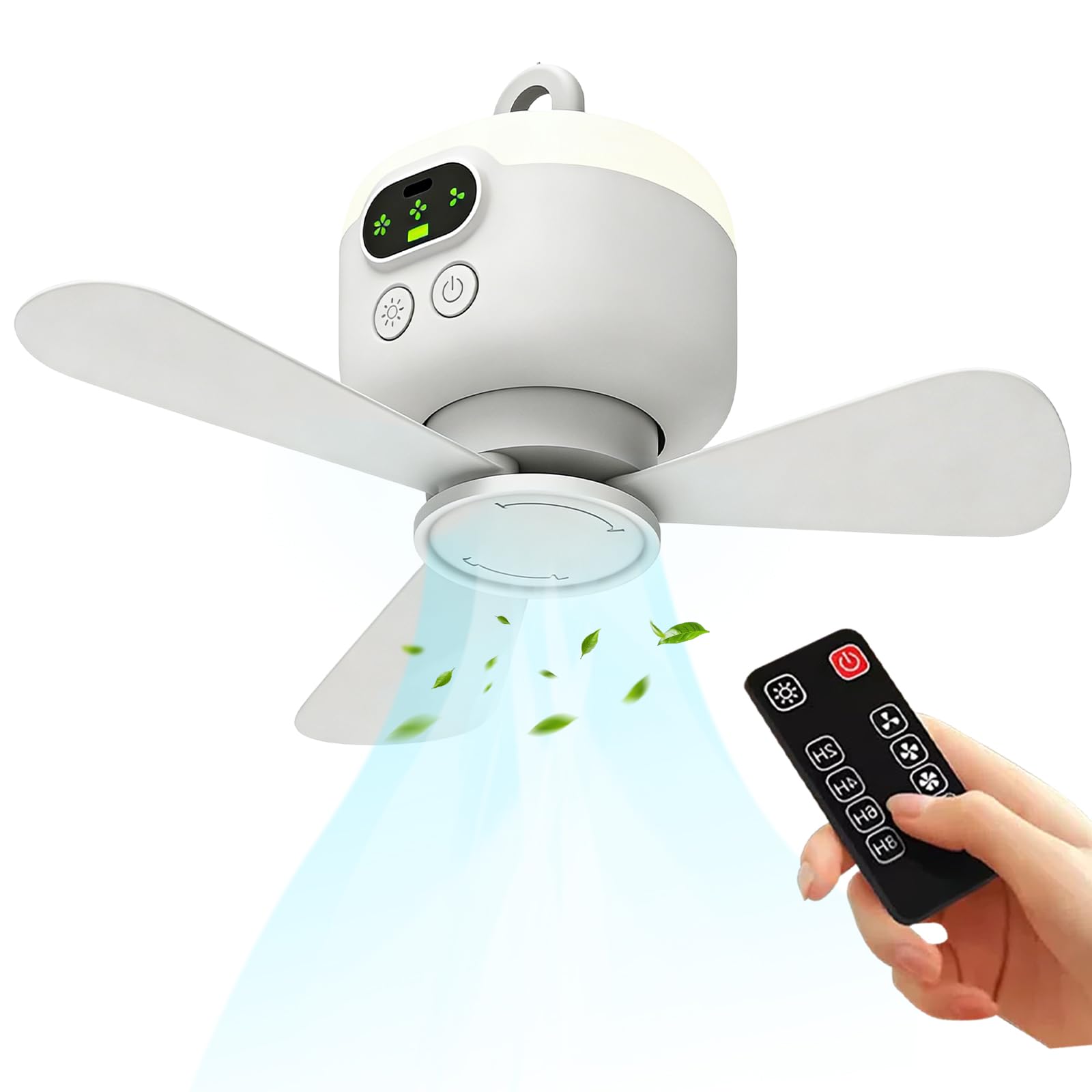 Ceiling Fans with Lights and Remote Control, Portable Camping Fan, Camping Ceiling Fan Light, 8000 mAh Tent Fans with LED Light, Detachable Blades Timer, 3 Speeds for Picnics, Travel, Emergency (A)