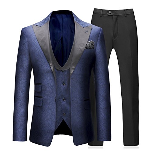Boyland Mens 3 Piece Tuxedo Suits Jacquard Wedding Formal Wear Trousers (Blue Paisley, Large)
