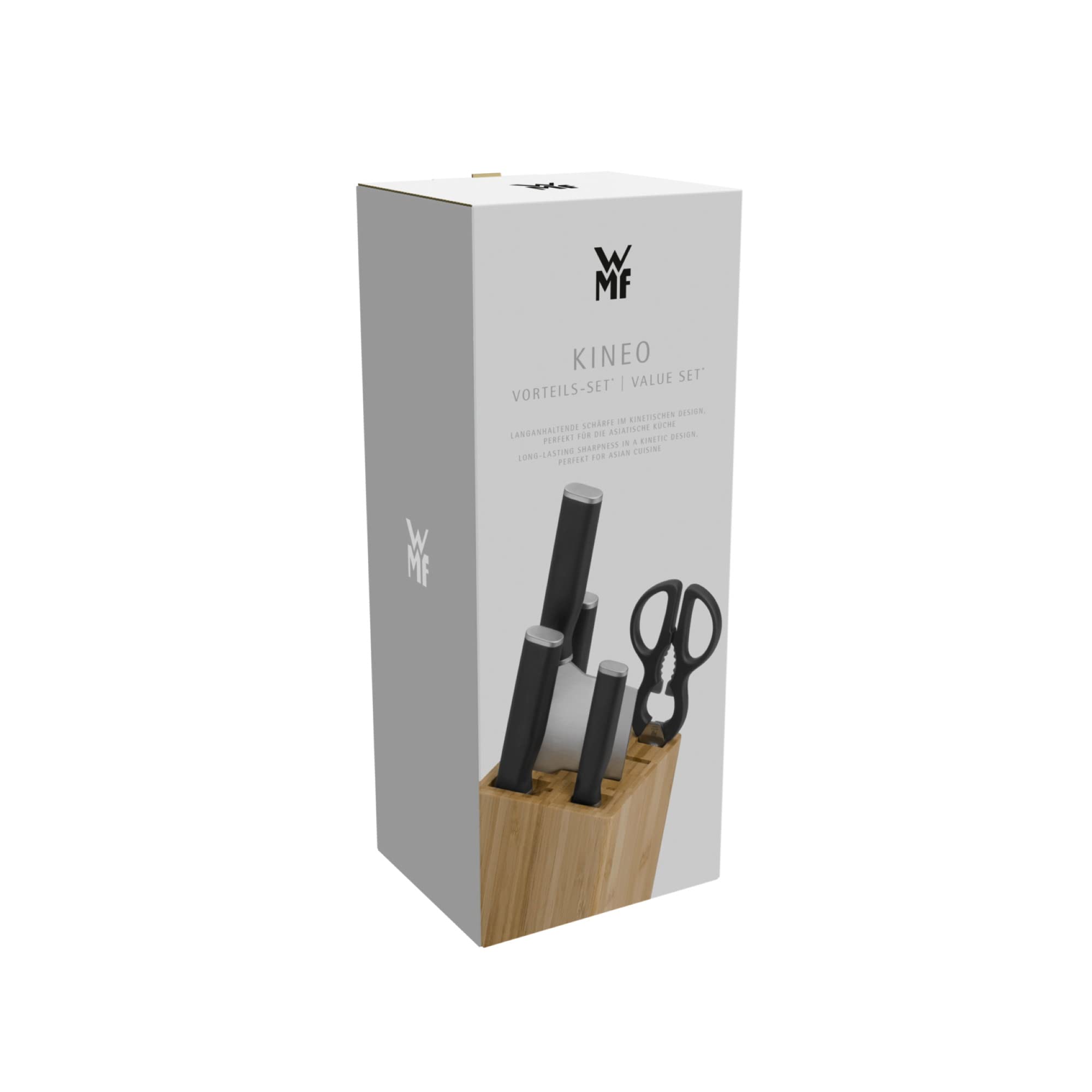 WMF Kineo 6-częściowy blok na noże z nożami, Made in Germany, 4 noże, nożyczki kuchenne, blok bambusowy, Performance Cut, specjalna stal hartowana