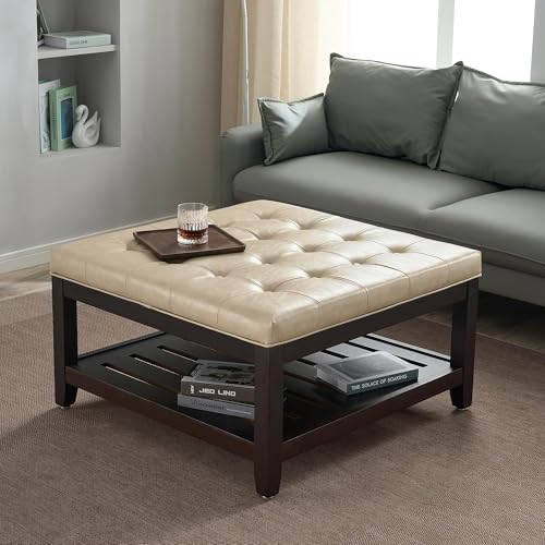 adochr 33 PU Leather Large Square Ottoman Coffee Table with Storage Upholstered Button Tufted Footrest Ottoman with Solid Wooden Tray Coffee Table for Living Room Ivory